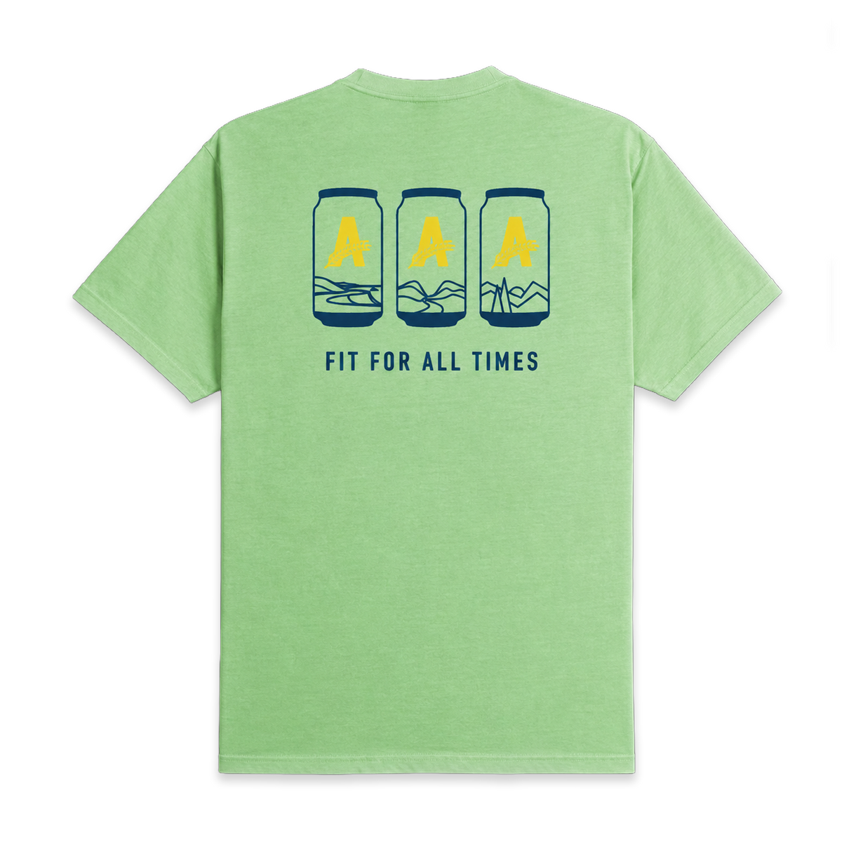 Light green Athletic Brewing Ambassador T-shirt with a back graphic showing three illustrated Athletic Brewing cans featuring landscape designs and yellow “A” logos. Navy text below the cans reads “FIT FOR ALL TIMES.”