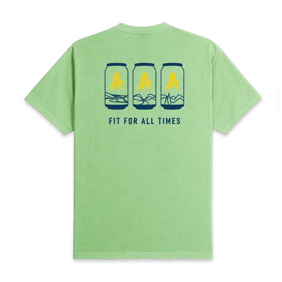 Light green Athletic Brewing Ambassador T-shirt with a back graphic showing three illustrated Athletic Brewing cans featuring landscape designs and yellow “A” logos. Navy text below the cans reads “FIT FOR ALL TIMES.”