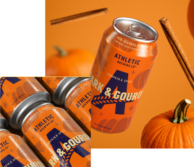 Athletic Brewing Dark & Gourdy Pumpkin & Spice non-alcoholic brew can displayed with pumpkins and cinnamon sticks, alongside a close-up of multiple orange Dark & Gourdy cans.