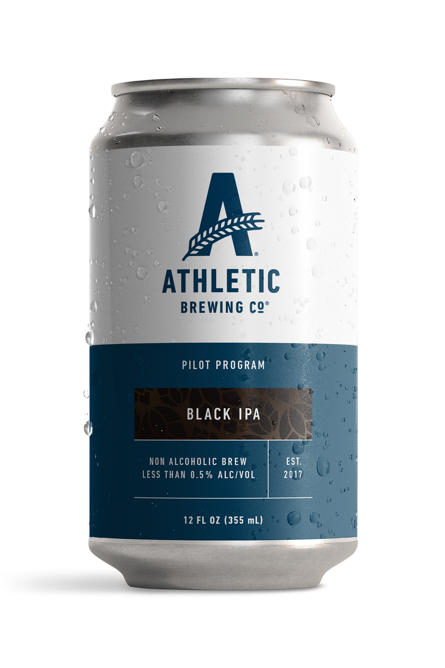 12 fl oz can of Athletic Brewing Pilot Program Black IPA non-alcoholic brew, featuring a white and navy label with a dark patterned Black IPA banner, Athletic Brewing logo, and condensation droplets.