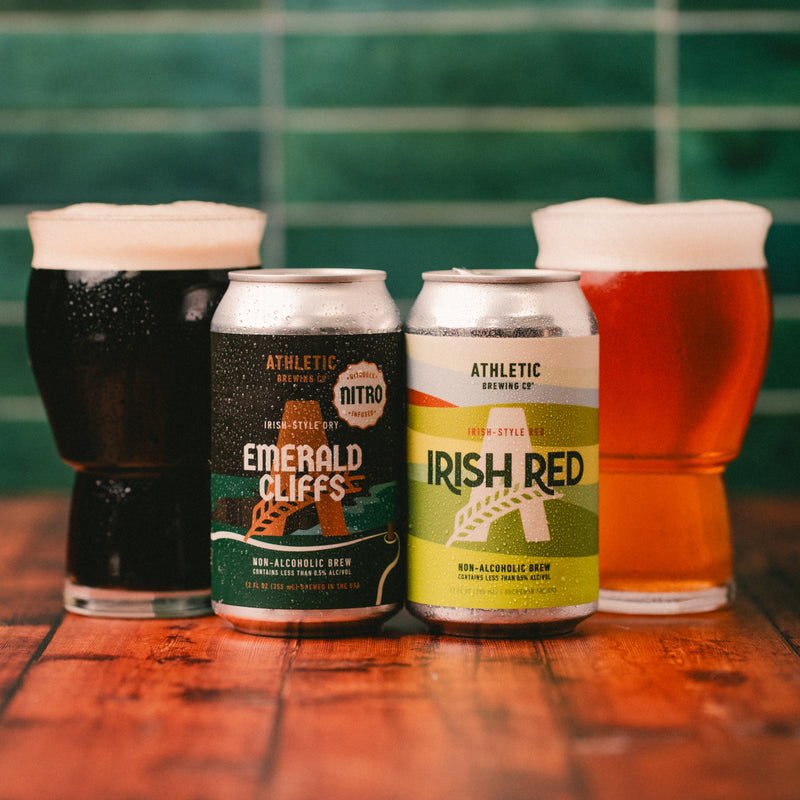 Nitro Emerald Cliffs and Irish Red cans with poured glasses.