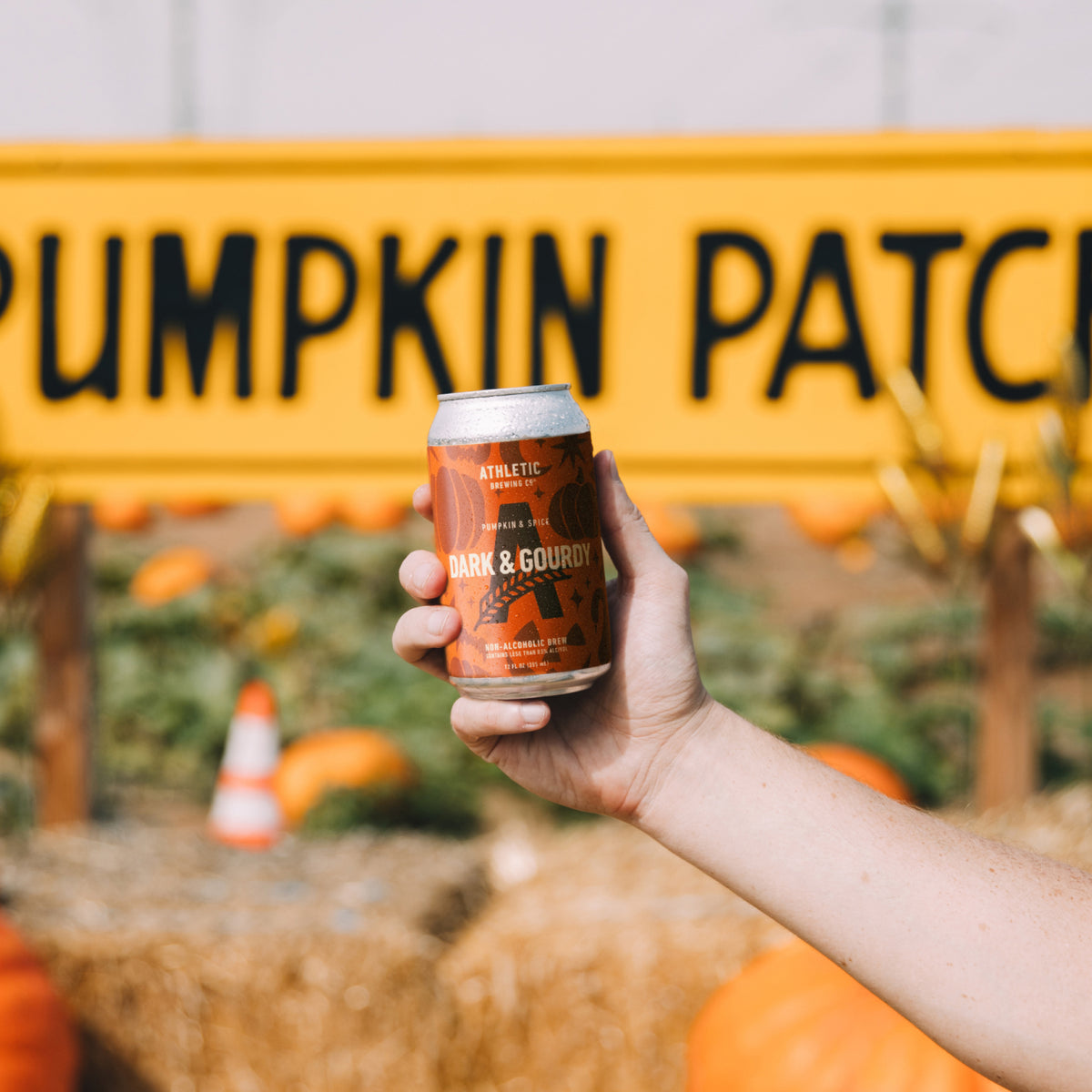 a hand holding a can of dark&gourdy at the pumpkin patch