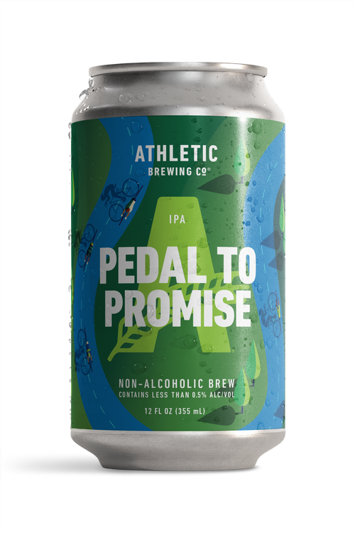 12 fl oz can of Athletic Brewing Pedal to Promise non-alcoholic IPA. The can features a green and blue design with cycling illustrations, a large green Athletic “A,” and bold white “Pedal to Promise” lettering.