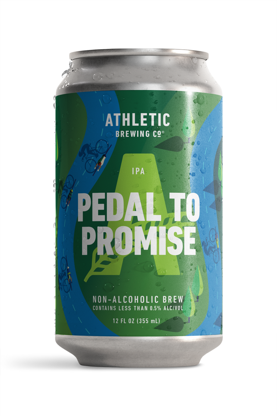 12 fl oz can of Athletic Brewing Pedal to Promise non-alcoholic IPA. The can features a green and blue design with cycling illustrations, a large green Athletic “A,” and bold white “Pedal to Promise” lettering.