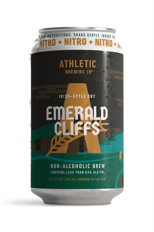 Athletic Brewing Emerald Cliffs Irish-Style Dry non-alcoholic nitro brew can with condensation.
