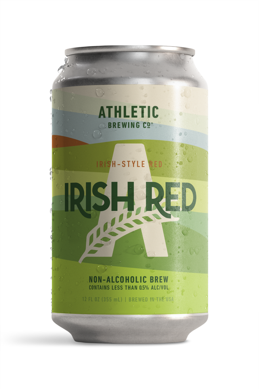 Condensation-covered can of Athletic Brewing Irish Red.