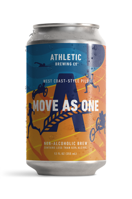 Athletic Brewing Move As One West Coast-Style Pils 12 oz non-alcoholic beer can featuring a blue and orange label with running, cycling, and adaptive sports illustrations.