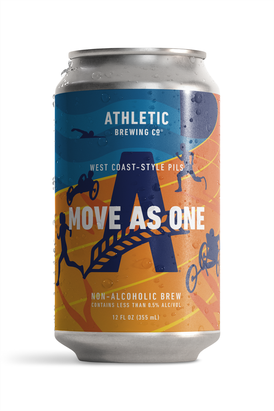 Athletic Brewing Move As One West Coast-Style Pils 12 oz non-alcoholic beer can featuring a blue and orange label with running, cycling, and adaptive sports illustrations.
